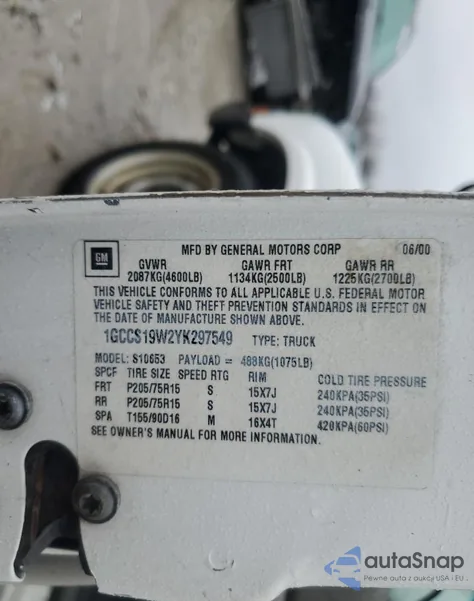 2000 Chevrolet S Truck S10 z USA, uszkodzony, nr VIN 1GCCS19W2YK297549